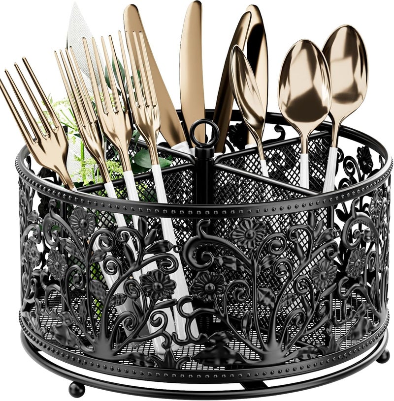 YIUKEA 360° Rotating Utensil Caddy - Silverware Cutlery Caddy Holder with 4 Compartment, Metal Flatware Organizer Countertop with Handle for Party Camping Picnic, Kitchen Counter, Office (Black) - Image 1